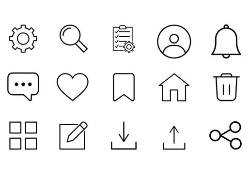 Minimal user interface icon set featuring settings, search, profile, notification, chat, home, bookmark, upload, download, and share symbols in clean outline vector style isolated on light background.