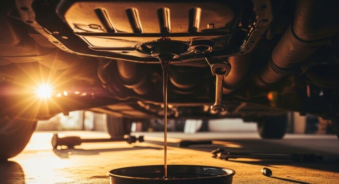 Car oil change process draining old oil from the engine maintenance.