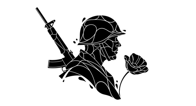 Silhouette illustration of a soldier holding a flower with a rifle.