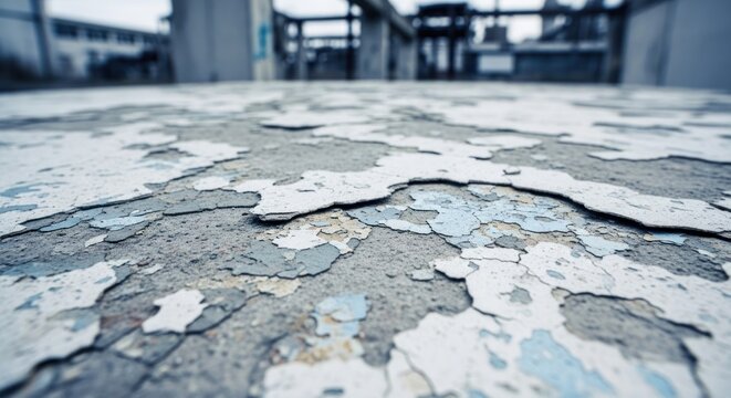 Closeup of weathered concrete surface with peeling paint and cracks showing texture and detail.