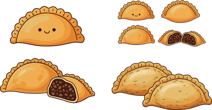 Cute Cartoon Empanada Stuffed Pastry Vector Illustration Set with Smiling Face Filled Dough and Latin American Street Food Collection