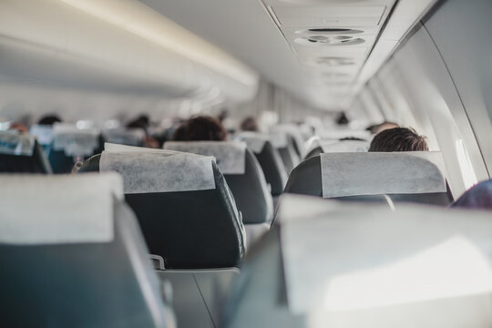 Passengers Seated in Economy Cabin of Commercial Airplane During Daytime Flight Rows of Seats