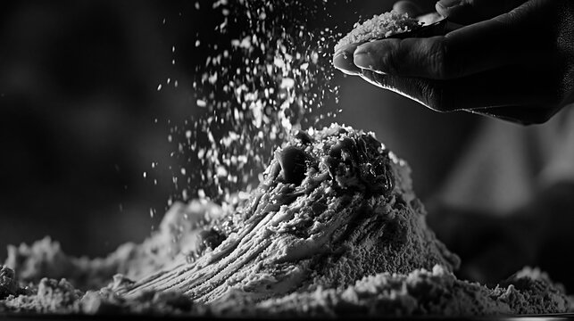 Hand sprinkling fleur de sel onto gourmet caramel ice cream
