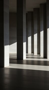 Architectural sequence of uniform pillars and shadows interrupted by a vast, smooth, empty wall surface, emphasizing contrast and pause, interval, minimalist, conceptual