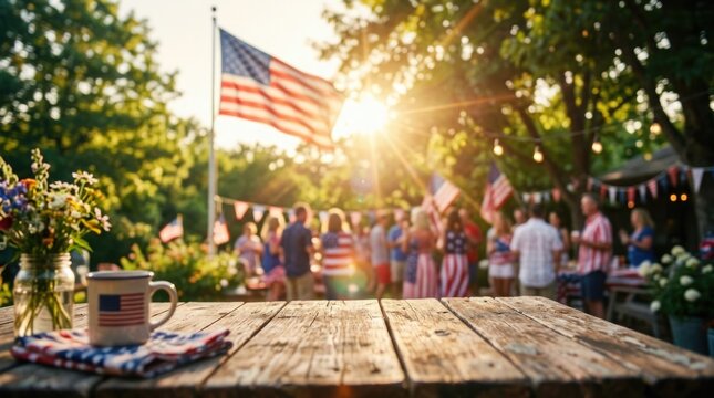 Usa independence day celebration festive backyard bbq with american flags and sunlight