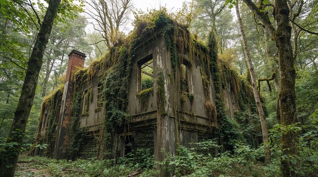 Abandoned industrial building reclaimed by forest vegetation nature takeover concept