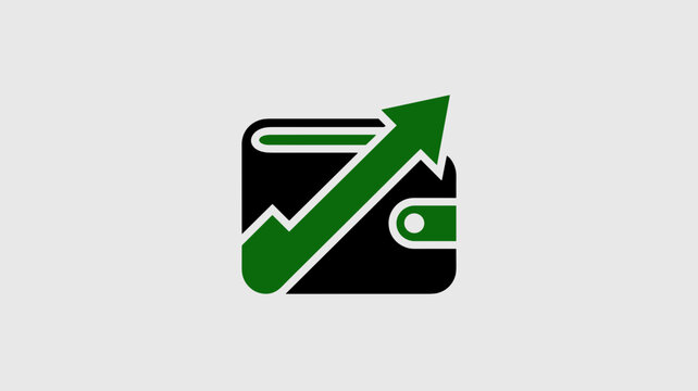 Minimalist wallet and green growth arrow - Suitable for e-commerce payment, banking services, or profit margin icons.