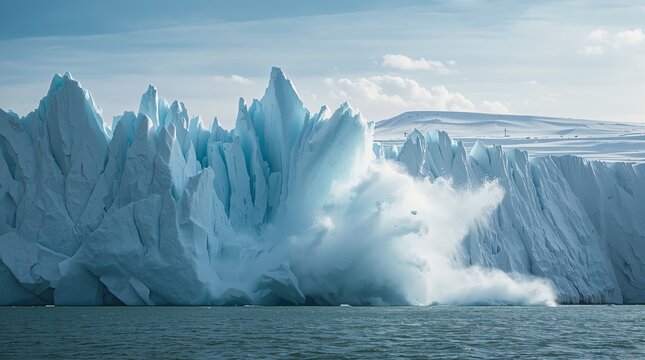 Massive glacier calving event with ice chunks falling into ocean creating white spray cloud environmental change concept