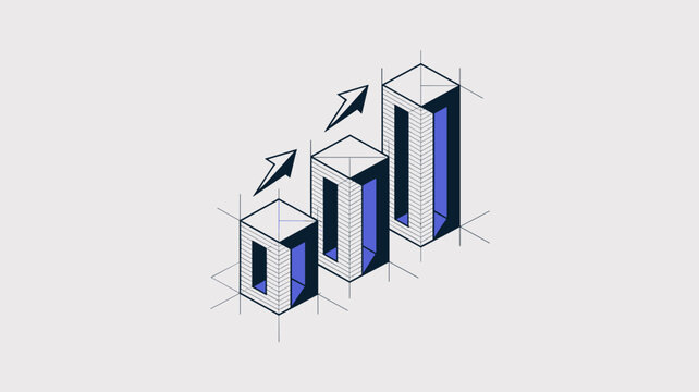 Isometric bar graph with upward growth arrows - Perfect for investment portfolios, corporate success, or statistical growth themes.
