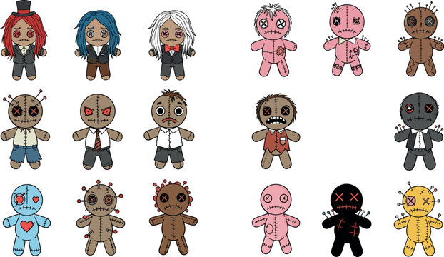 Voodoo Doll Character Collection Featuring Creepy Cute Plush Figures with Pins, Stitches, and Horror Expressions for Halloween and Dark Design.