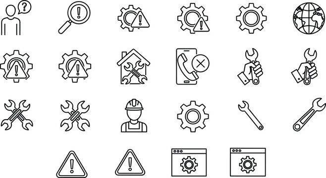 Repair, Warning, and Troubleshooting Icons Set Featuring Tools, Alerts, and Maintenance Symbols for Technical Support and Service Designs