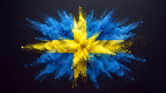 Swedish flag made of blue and yellow powder explosion on black background  symbol of Sweden  national pride  colorful design element