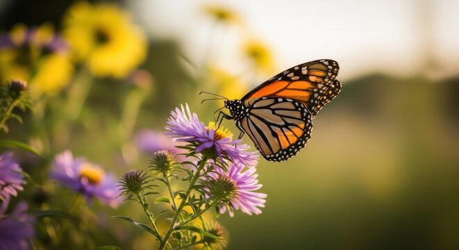Monarch Butterfly Gracefully Perched on Purple Aster Flowers in a Serene Garden Setting.