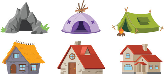 Collection of Diverse Shelter Vector Icons Including Stone Cave, Camping Tent, Native Wigwam, Rustic Cottage, and Modern Suburban House Architecture © Mst Farida