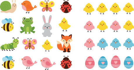 Cute Spring Easter Animal and Baby Chick Cartoon Vector Illustration Set with Bunny Fox Butterfly Bee Bird and Egg Collection © MDSaiful