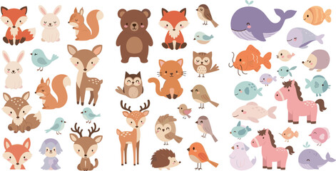 Fototapeta premium Cute Woodland and Ocean Baby Animal Cartoon Vector Illustration Set with Fox Bear Deer Bunny Owl Fish Horse and Bird Collection