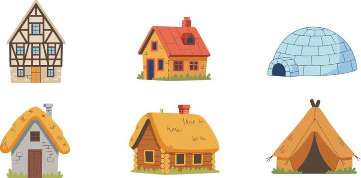 Diverse Set of Historical Architecture Vector Icons Featuring Medieval Half-Timbered House, Igloo, Thatched Cottage, Log Cabin, and Nomadic Tent