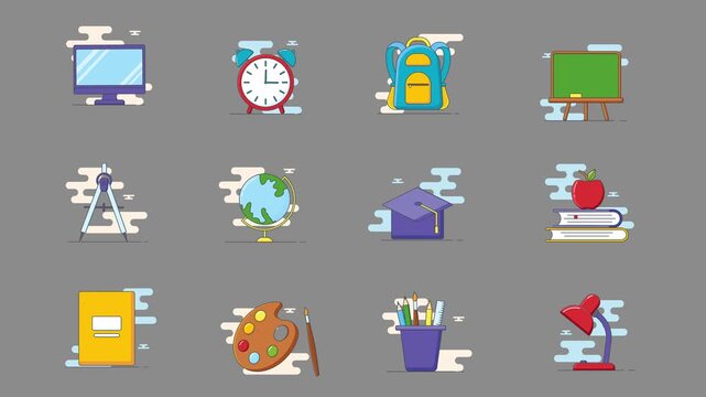 Colorful school education icons on gray.