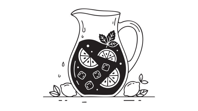 Pitcher with lemonade vector illustration in black and white line art style for summer refreshment concept, isolated on transparent background with lemon slices and ice