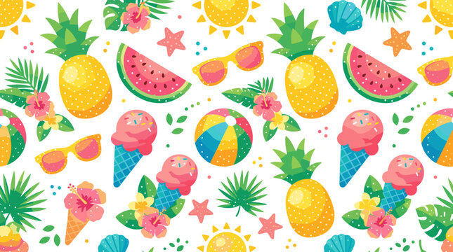 Colorful summer pattern with fruits ice cream and sun