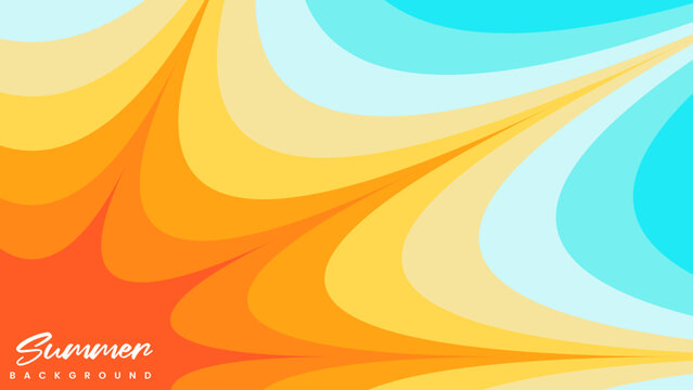Abstract radial pattern of wavy orange, yellow, and blue layers, suggesting a summer theme background, abstract gradient, minimalist illustration, contrast tropical vacation celebration