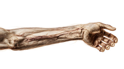 Obraz premium Detailed clinical photograph of human arm with visible veins and muscles on white background for medical education