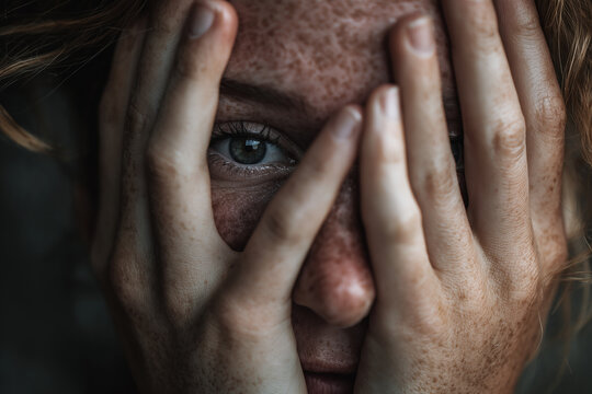 Woman covering face with hands feeling stress and anxiety close up natural light