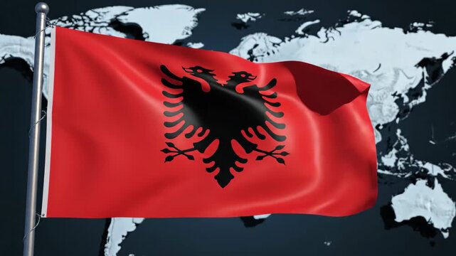 Albanian Flag Waving Elegantly in the Breeze Against a Backdrop of the World Map Visualizing