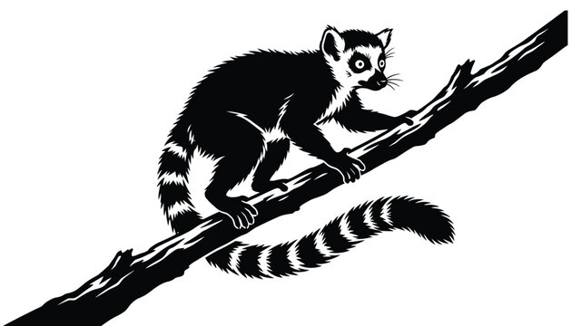 Ringtailed lemur climbing on a tree branch isolated on white background