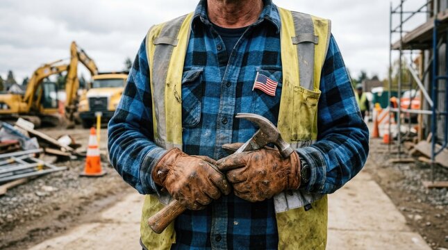 Usa independence day construction worker with american flag patriotic pride