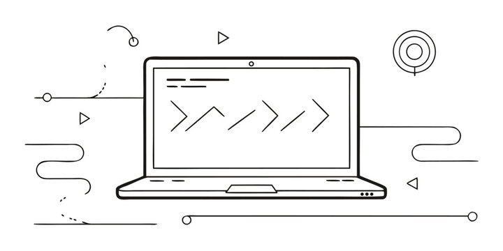Line art laptop with coding interface and abstract geometric elements high quality