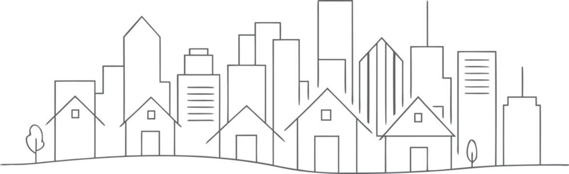 Minimalist line drawing of a city skyline with houses and skyscrapers