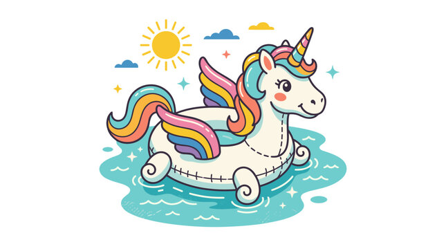 Cute cartoon unicorn floating on water with rainbow mane