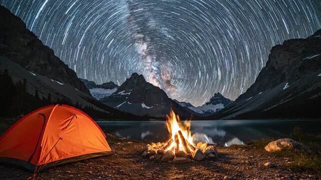 Camping under the stars with tent and campfire in a scenic mountain landscape