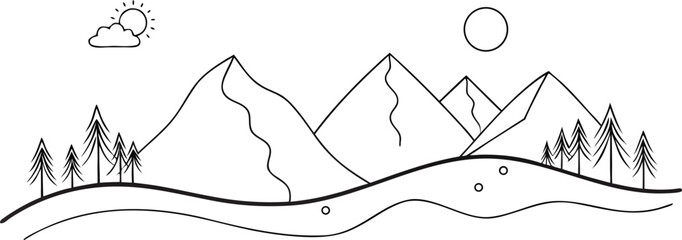 Fototapeta premium Minimalist line drawing of mountains trees sun and river on white background
