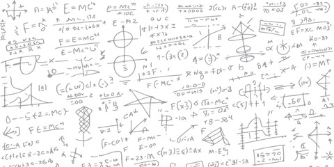 A seamless vector pattern of hand drawn math formulas and algebra equations sketched as white chalk doodles on a blackboard texture for school education and science design projects © creative bithi