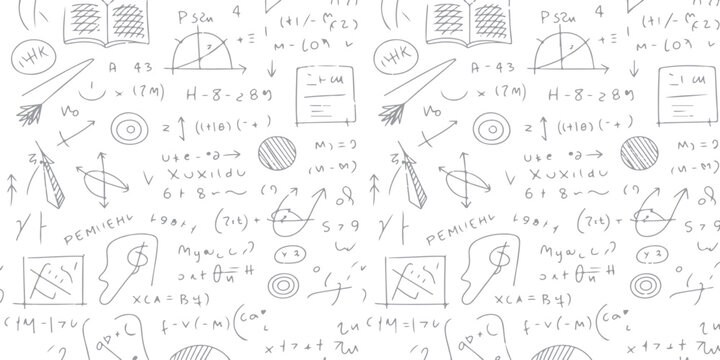 Hand drawn seamless pattern of math numbers and science formulas in a chalk doodle sketch style on a blackboard texture for school education and business design vector illustration