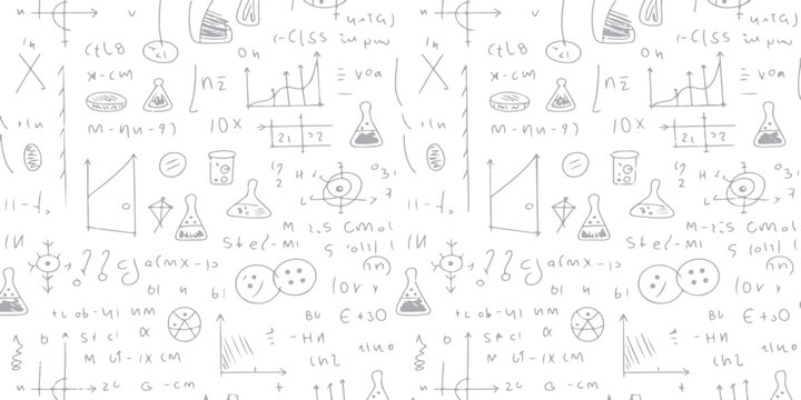 Seamless pattern vector illustration of math formulas and science symbols on a school education wallpaper texture with mathematics doodle sketches and line art drawing design
