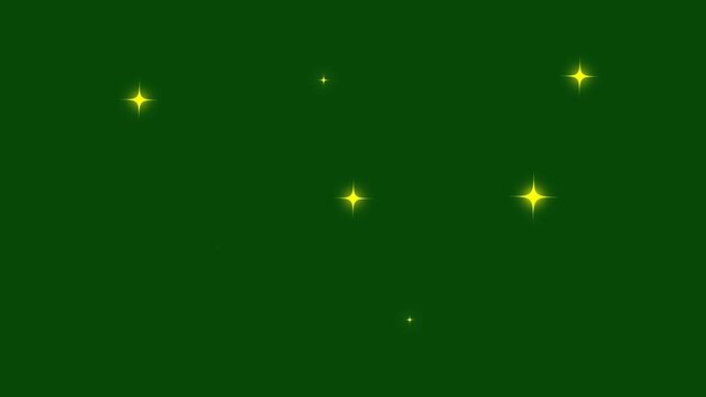 Twinkling stars animation, golden cartoon rotation sparkle stars, fast blinking lines, flat vector doodle animation, glowing glitter trail effect, shining motion video on green screen background