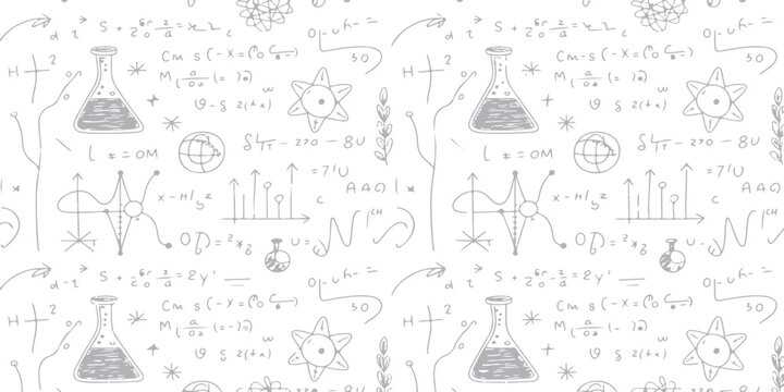 A seamless vintage pattern of hand-drawn science and chemistry formulas featuring a doodle art set of school education symbols and math sketches on a black chalk blackboard texture