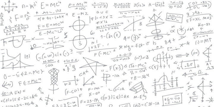 A seamless vector pattern of hand drawn math formulas and algebra equations sketched as white chalk doodles on a blackboard texture for school education and science design projects