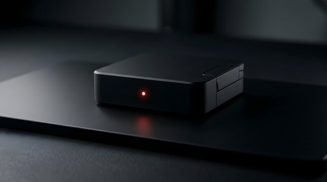 Minimalist black audio amplifier on dark surface illuminated power indicator