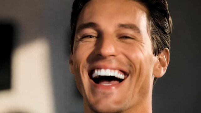 Static shot close up of man laughing and tilting head in indoor studio portrait with warm soft lighting and neutral blurred background