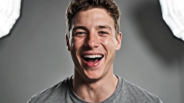 Radiant young man erupts in contagious laughter, head tilted back, displaying genuine joy and an authentic, wide-open smile in a brightly lit studio portrait