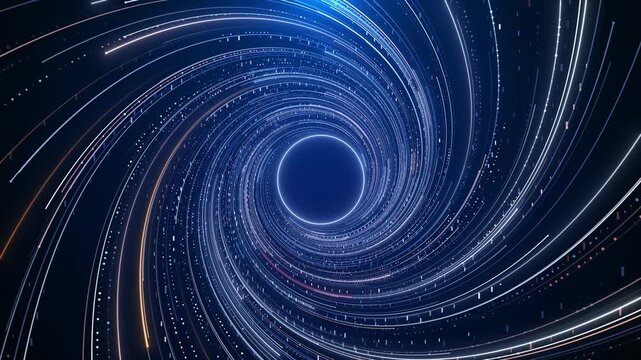 Blue spiral light vortex with orbiting white lines, dark center hole, and galaxy tunnel motion. Perfect for sci fi videos, warp transitions, abstract intros, space travel scenes, and dynamic overlays.