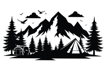 Obraz premium mountains and fir trees camping adventure wildlife silhouette line art vector illustration