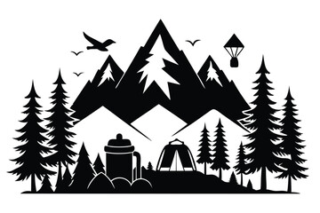 Fototapeta premium mountains and fir trees camping adventure wildlife silhouette line art vector illustration