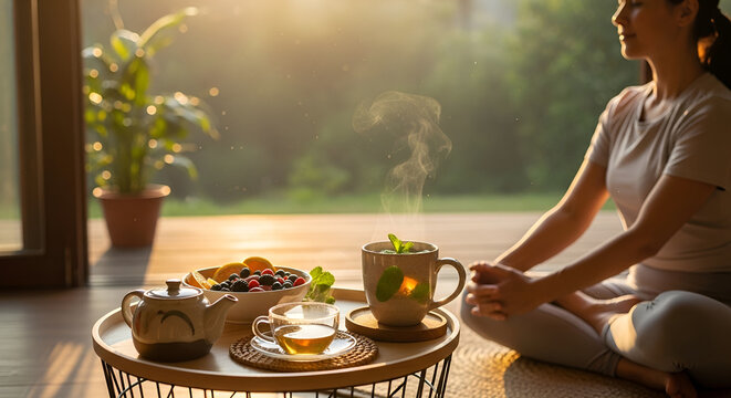 Serene morning wellness routine with meditation hot tea and fresh fruit