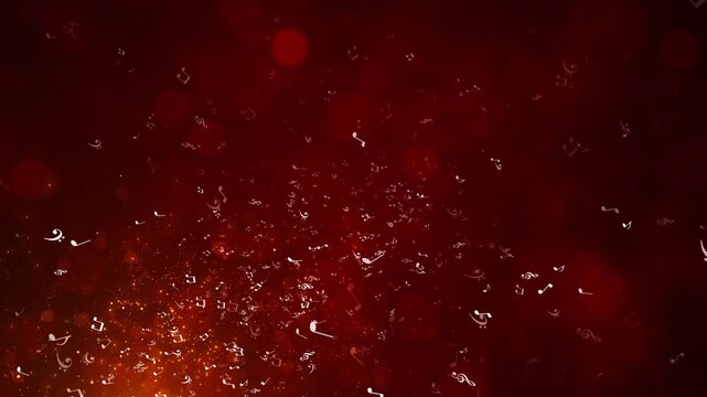 Red music notes background with floating symbols, soft bokeh circles, orange sparks, and festive audio motion. for song videos, concert titles, lyric screens, dance promos, and creative overlays.