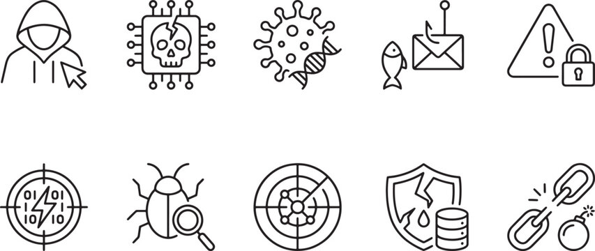 Set of ten black and white line icons representing various cybersecurity threats including hacker malware virus phishing warning alert cyber attack bug threat detection data breach and risk Vector